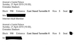 Sample Arsenal Ticket Printout with Seat Details 