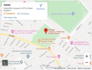 Google Map: Direction to Anfield Stadium