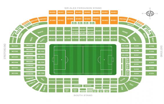Old Trafford seating chart – Long Side Upper Tier: 3 or 4 Together