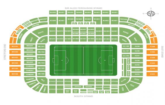 Old Trafford seating chart – Short Side Upper Tier: 3 or 4 Together