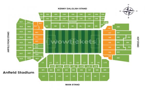 Anfield seating chart – Short Side Lower Tier: 3 or 4 Together