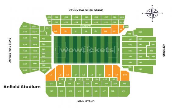 Anfield seating chart – Long side Lower Tier: 3 or 4 Together