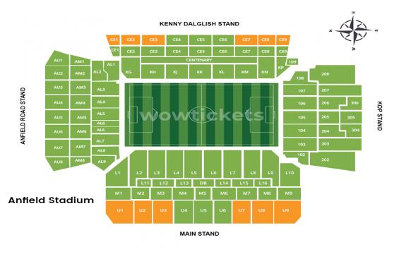 Anfield seating chart – Long Side Upper Tier: 3 or 4 Together